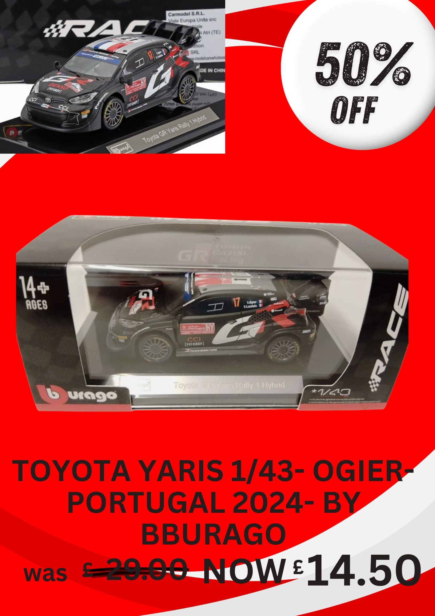 Toyota Yaris- Sébastien Ogier- Winner- Rally Portugal 2024- 1/43 Scale- by Bburago